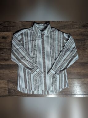 Pure Stuff Mens Long Sleeve Business Casual Button Down Blue & Tan Striped XL